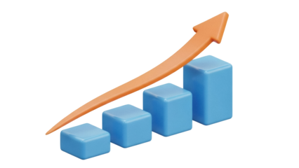 Isolated bar graph shows upward trend with arrow, blue blocks indicating growth and success