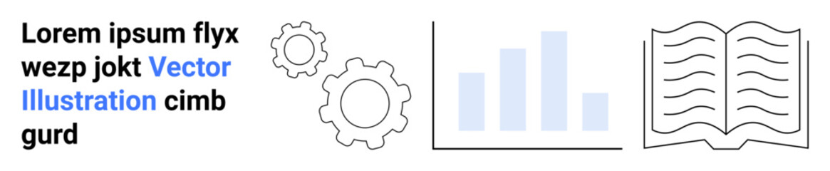 Data analysis, workflow optimization, education, knowledge sharing, business processes, technology integration. Minimalistic design showing gears, a bar graph and an open book. Data analysis