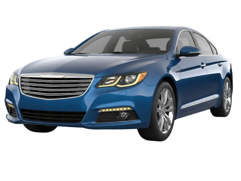 Isolated blue sedan car model, generic passenger vehicle with modern design, front view