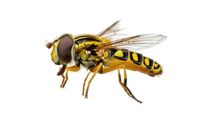 Isolated Hoverfly insect against a plain backdrop, with its vivid yellow and black markings
