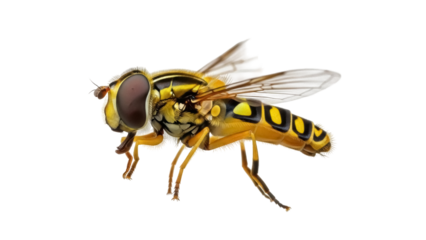 Isolated Hoverfly insect against a plain backdrop, with its vivid yellow and black markings