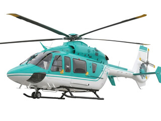 Isolated Helicopter in Teal and White Ready for Flight Commercial Air Transport Service