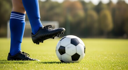 Fototapeta premium Soccer player in blue socks and black cleats with foot on ball on a grassy field football sport
