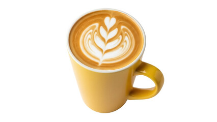 Isolated cup of latte art with tulip design on a yellow mug, coffee drink for cafe menu