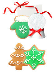whimsical holiday photograph featuring an assortment of gingerbread cookies, a snow globe, and a gift tag, creating a charming and festive scene.