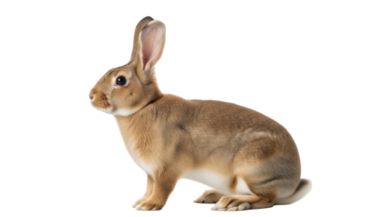 Isolated brown rabbit sitting in studio looking to the left, cute furry animal close-up