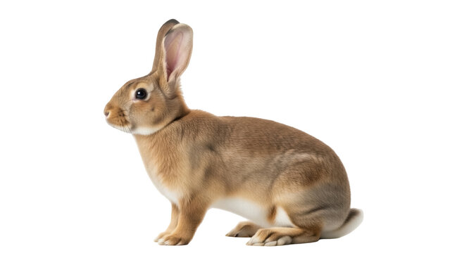 Isolated brown rabbit sitting in studio looking to the left, cute furry animal close-up