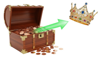 Isolated Treasure Chest With Gold Coins and Green Arrow Pointing to a Jewel Encrusted Crown