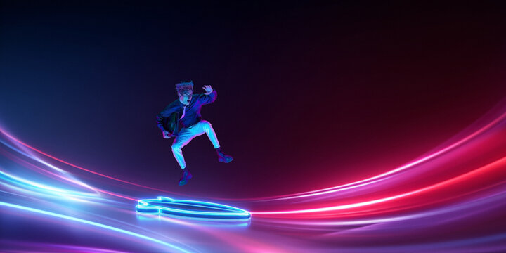 Conceptual design. Businessman jumping above neon data track in digital world. Concept of breakthrough innovation, bold decisions, rapid progress and business disruption.