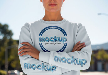Sweatshirt Mockup On Woman Crossing Arms Out
