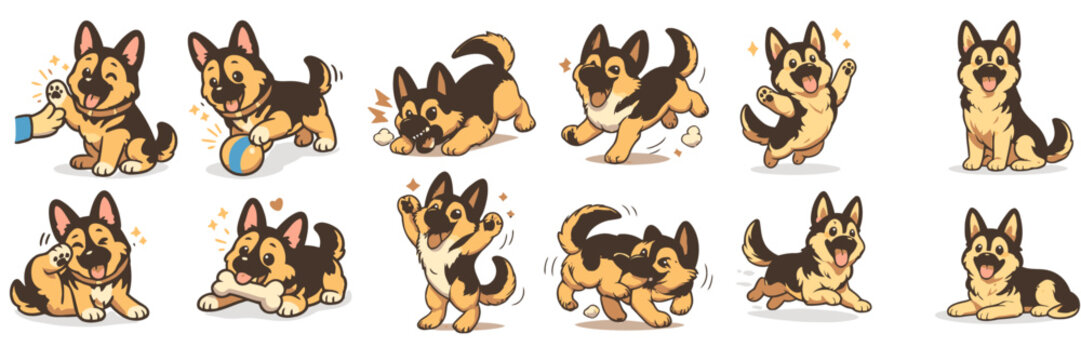 Animated German shepherd dogs playing and having fun in various poses  