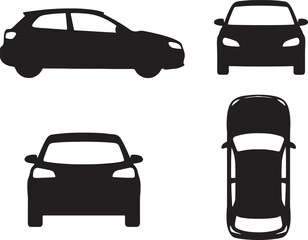 Black silhouette of a modern hatchback car shown from side front and views illustrating vehicle and automotive representation also transparent background