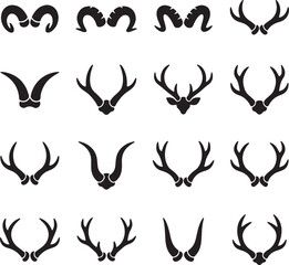 Collection of black silhouette representing various animal horns and antlers, including ram horns and deer antlers, for wildlife and also transparent background