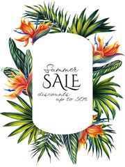 Illustration of strelitzia and palm leaves. Frame with an exotic plant bird-of-paradise and fan palm. Botanical wedding invitation template. Floral decoration for a card