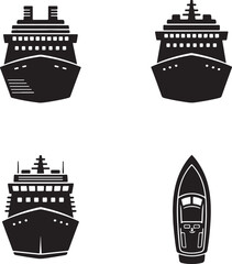 Group of black silhouette of cruise ships and a speedboat from front and views on white vessel also transparent background