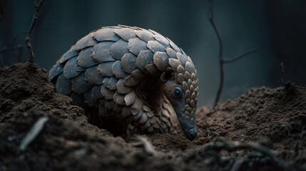 Pangolin walking through forest floor at dawn.