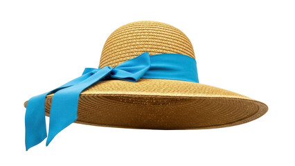 Isolated brown straw sun hat with a blue ribbon detail, warm weather headwear for women