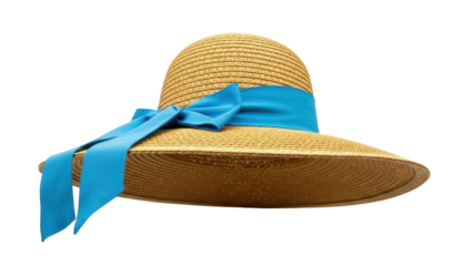 Isolated brown straw sun hat with a blue ribbon detail, warm weather headwear for women