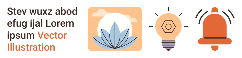 Mindfulness, creativity, innovation, alertness, communication, productivity. Abstract icons of a flower, lightbulb and bell. Mindfulness and creativity through symbolic imagery © robu_s