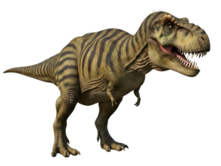 Isolated dinosaur Tyrannosaurus Rex with striped camouflage skin, prehistoric creature