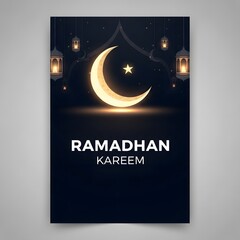 A serene Islamic poster of Ramadhan Kareem with a crescent moon and lanterns under the night sky