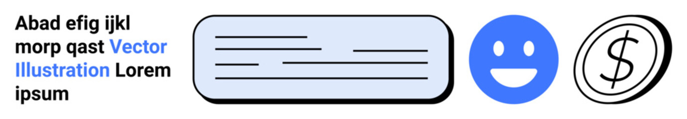 Financial services, digital communication, money management, user feedback, messaging, customer satisfaction. A text box, blue happy and dollar icon. Financial services and digital communication