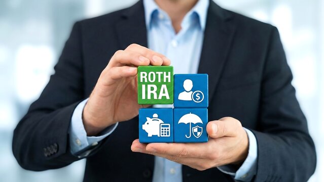 Businessman Touching Virtual Screen with Roth IRA Inscription: Individual Retirement Account, Tax-Free Savings and Financial Future Planning Concept