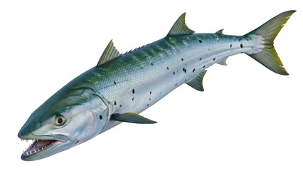 Isolated Great Barracuda swimming underwater, predatory fish with sharp teeth, ocean life