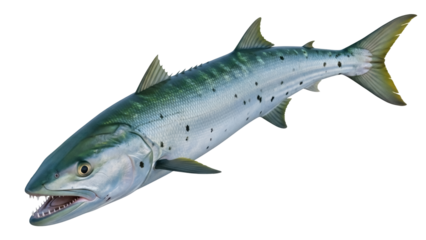 Isolated Great Barracuda swimming underwater, predatory fish with sharp teeth, ocean life