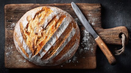 Artisan Sourdough Bread Loaf on Rustic Wooden Cutting Board.