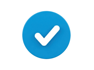 Isolated, bright blue circle with a centered white check mark represents validation and approval