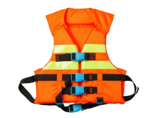 Isolated orange life jacket for maritime safety during navigation on water; personal equipment
