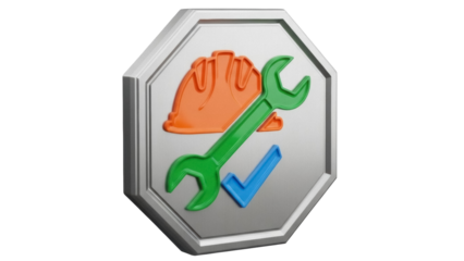 Isolated construction safety emblem with hard hat, wrench, and check mark for work safety
