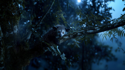 Aye-aye perched on tree branch at night.
