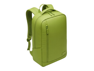 Isolated modern green backpack for travel, college, or business with top handle and zipper