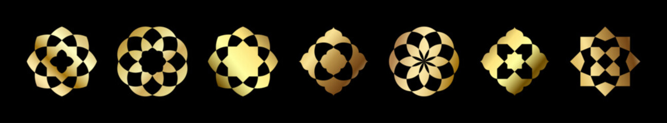 Vector islamic shape set. Geometric oriental ornament logo design collection. Luxury gold mandala pattern on black background, decorative floral motif.