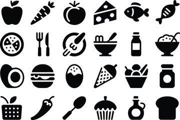 Food and Kitchen Solid Icon Set with Fruits, Vegetables, Meals and Cooking Symbols Black Vector Illustration