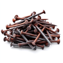 Pile of small nails scattered on icy wood surface isolated on white background