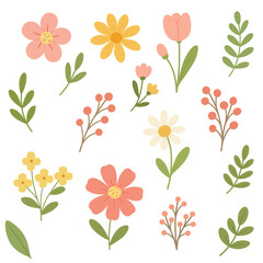 Whimsical floral illustration with pink, yellow, and cream blossoms, green leaves, and berries on white, bright, varied, and perfect for spring themed designs.