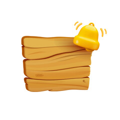 Vector cartoon 3d empty wooden road information sign with calling bell. Brown wood rectangle plaque. Realistic 3d wood texture signboard for game message notification, timber banner, menu, app, decor.