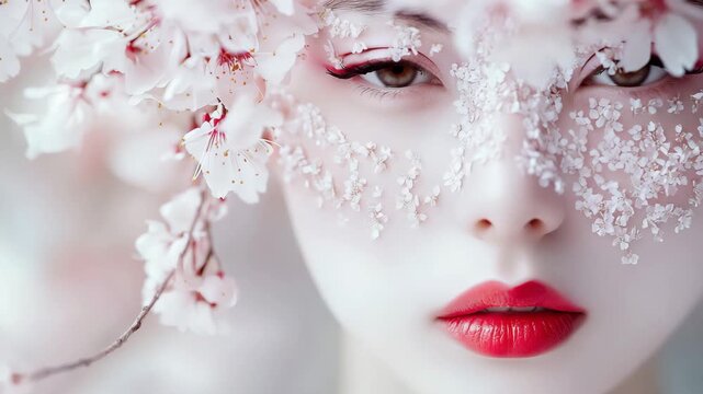 A japanese geisha woman with delicate cherry blossoms on her face portrays beauty and nature, highlighting artistic expression and elegance
