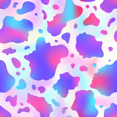 Abstract cow rainbow seamless pattern. Vector animal skin print, cute holographic dalmatian spots on foil gradient background. Natural stylized spotted texture for textile, decoration, cover, wrapping