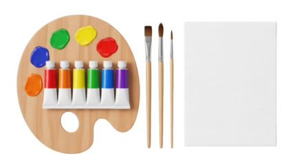 Isolated art supplies including wooden palette, paint tubes, brushes and blank canvas artboard