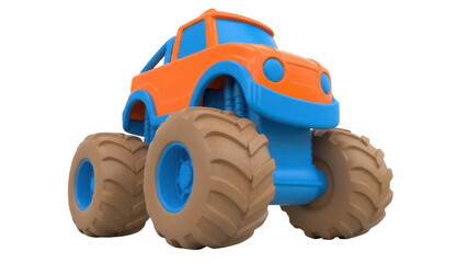 Isolated orange-and-blue toy monster truck with brown tires, on a neutral background © Ines