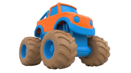 Isolated orange-and-blue toy monster truck with brown tires, on a neutral background