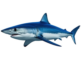 Obraz premium Isolated Blue Shark with Dark Eyes and Open Mouth Swimming with Blue-Gray Back Color