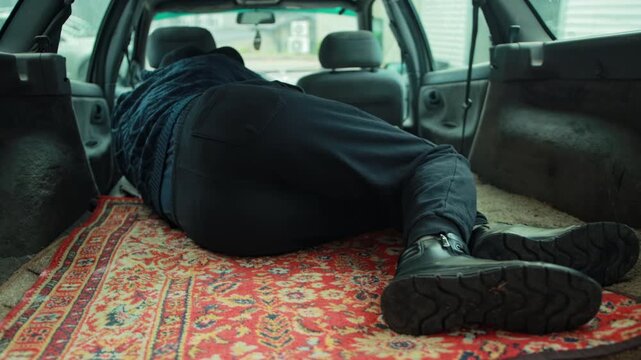 Close-up view of homeless person sleeping in cargo area of vehicle, resting on rug. Depicts challenging situation, need for shelter, and economic hardship.