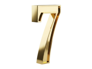 Isolated golden number seven standing upright, a classic mathematical symbol, shiny and new