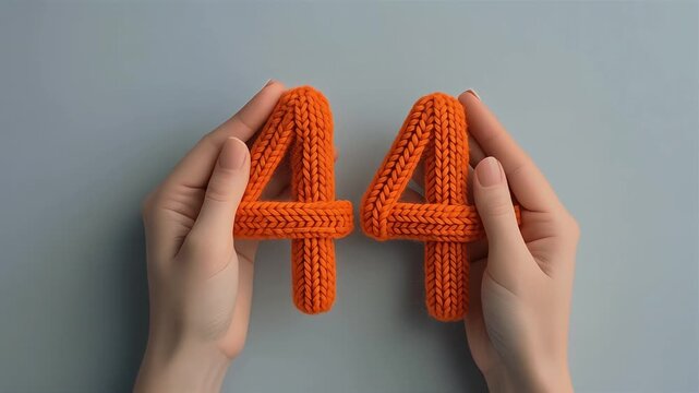 Orange Knitted Number Four in Human Hands