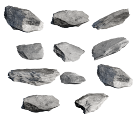 detailed photograph of multiple grey rocks and stones, varying in size and shape, presented on a transparent background, showcasing natural textures and rugged features.